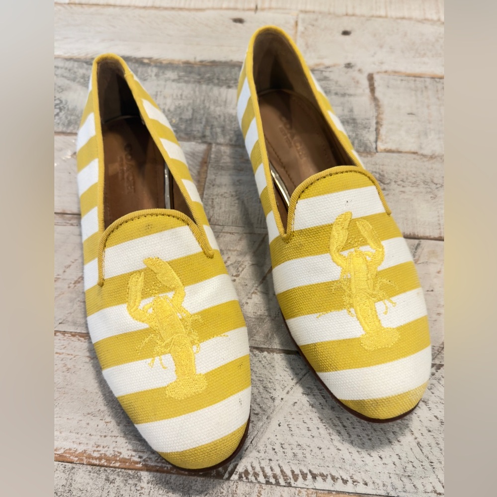COACH UTOPIA EMBROIDERED LOBSTER YELLOW WHITE STRIPE LOAFER COQUETTE PREPPY 5B